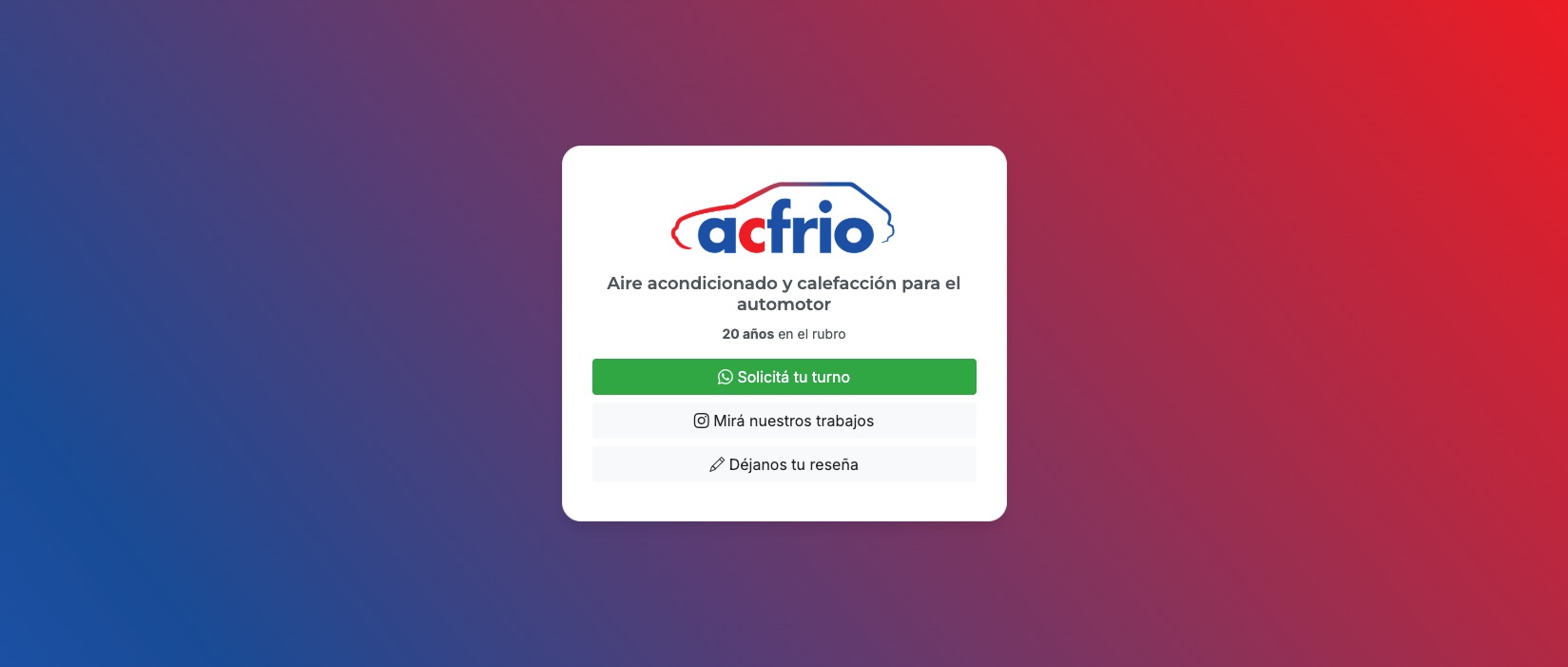 Sitio anterior de acfrio: una tarjeta blanca sobre un degradé azul y rojo, con el logo y tres botones