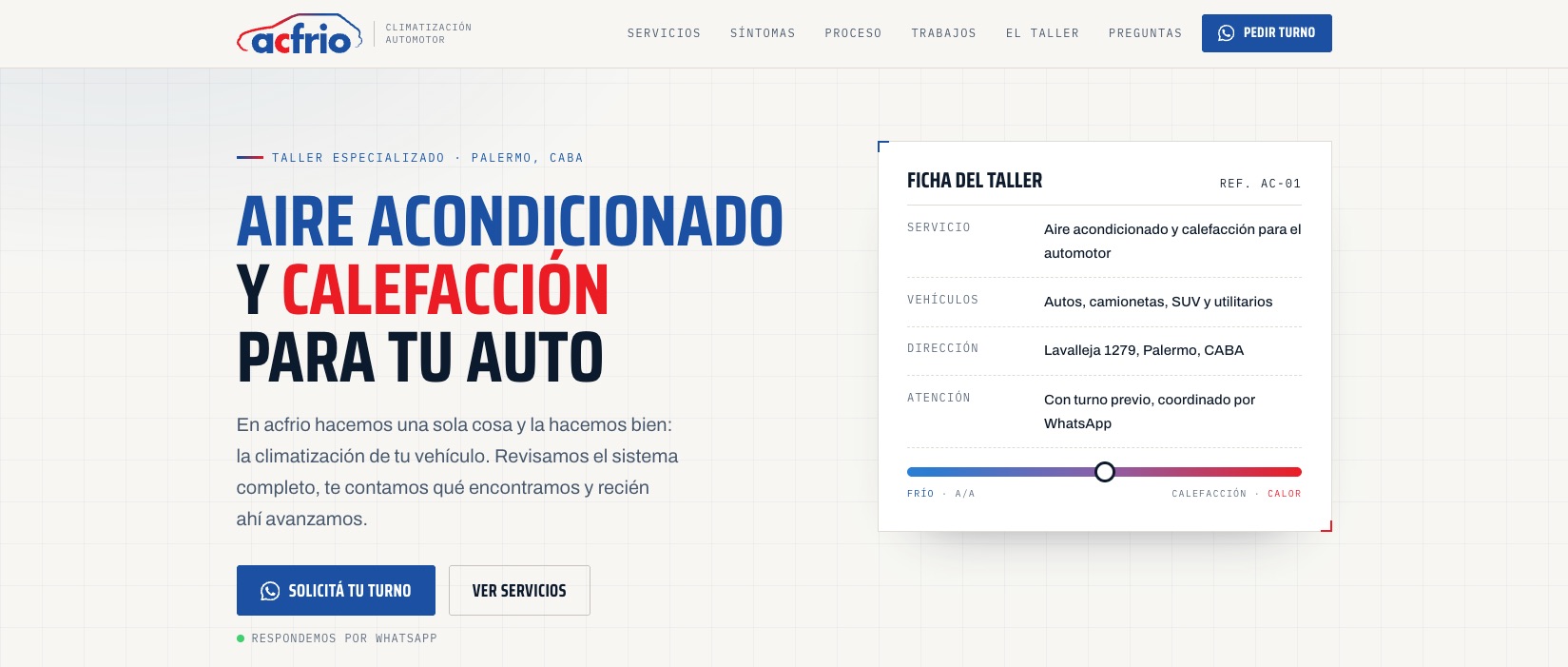 Nuevo sitio de acfrio: hero con tipografía condensada, eje frío-calor y ficha técnica del taller