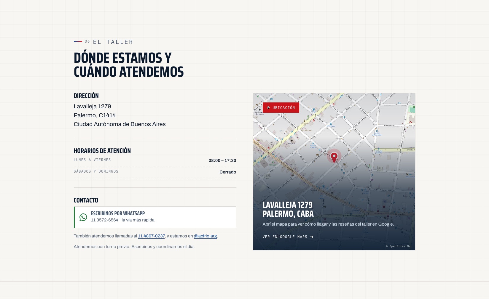Sección El taller de acfrio: dirección, horarios, contacto por WhatsApp y mapa estático de OpenStreetMap con el pin del local