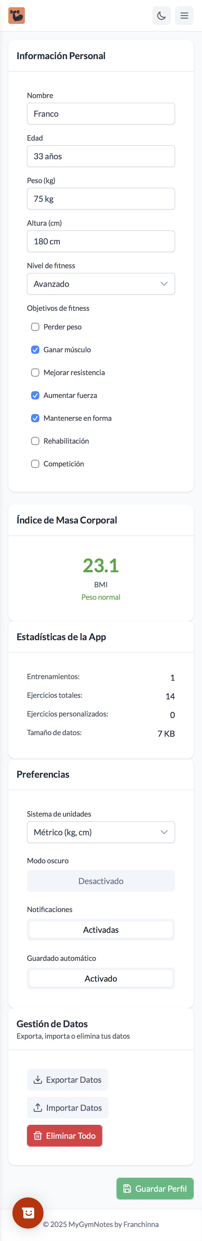 MyGymNotes — Detalle de interfaz 1