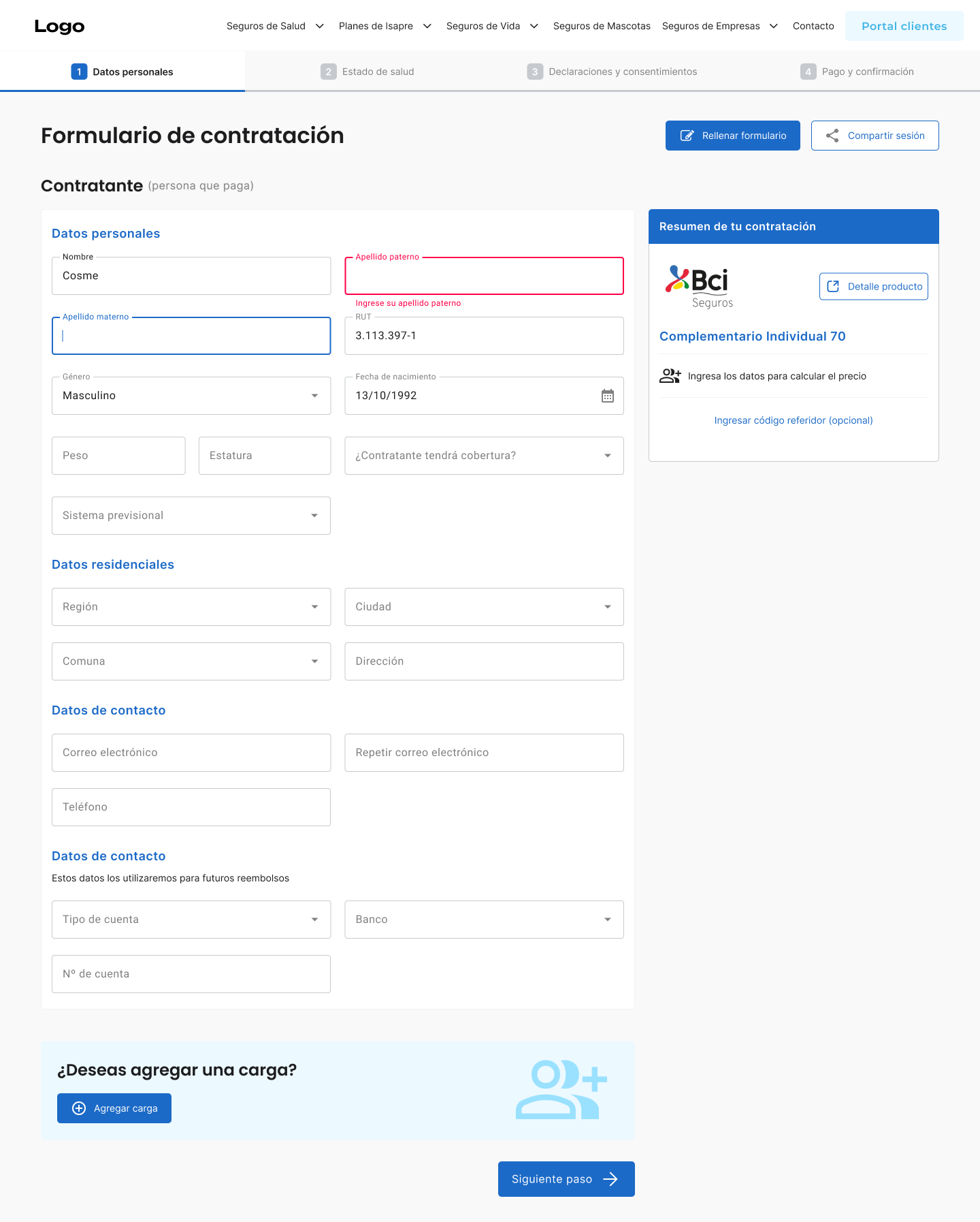 Pasarela rediseñada — paso 1, datos agrupados