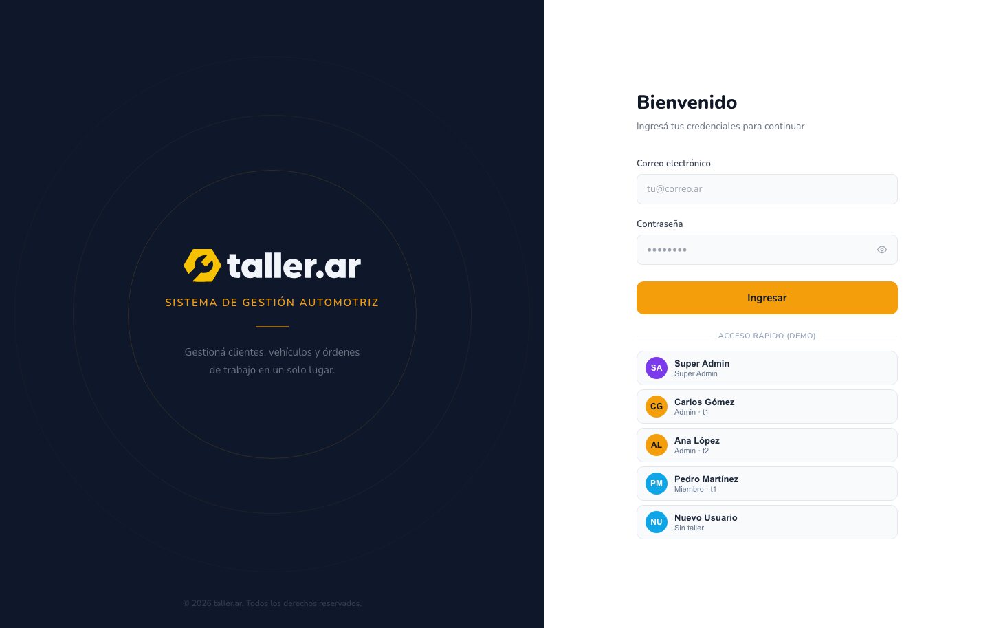 taller.ar — login con acceso rápido de demo por rol