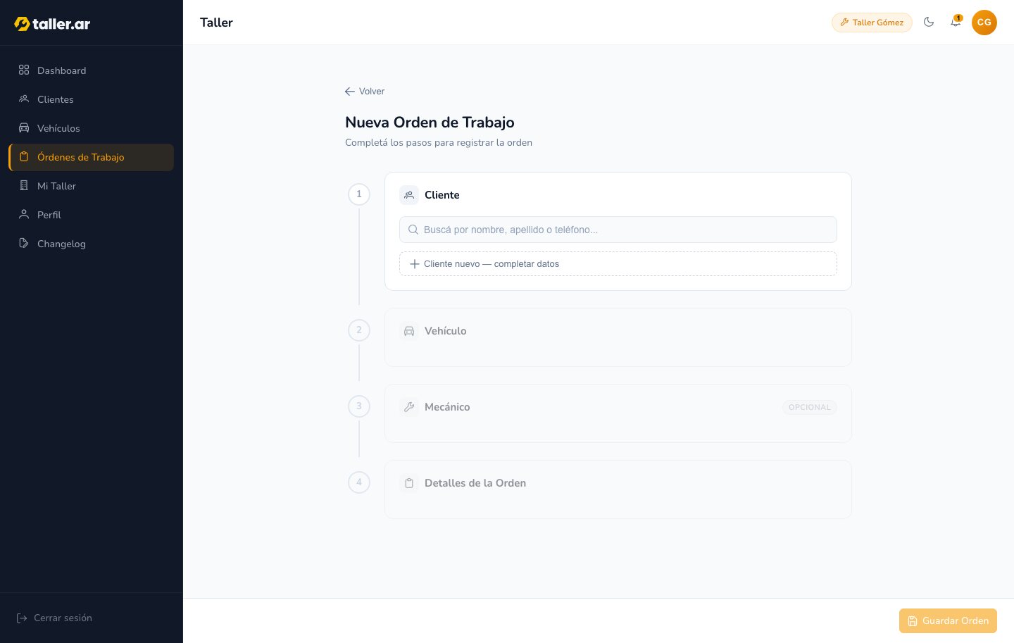 taller.ar — formulario de alta de una orden de trabajo